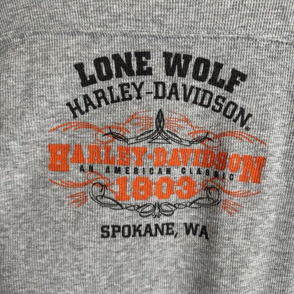 Harley Davidson Top Womens Medium Gray Waffle Knit Harley Graphic Spokane Biker - Picture 8 of 13